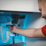 Licensed plumber repairing under-sink drain and P-trap in a Palm Harbor, FL home